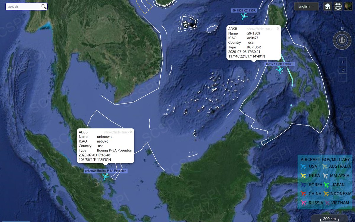 On, July 3, the US military just set a recent record for reconnaissance in the  #SouthChinaSea today. A total of 6 large reconnaissance aircraft including 4 P-8As, 1 EP-3E and 1 RC-135W, plus 2 refuelling tankers. Maybe there were more which could not be seen with open source.
