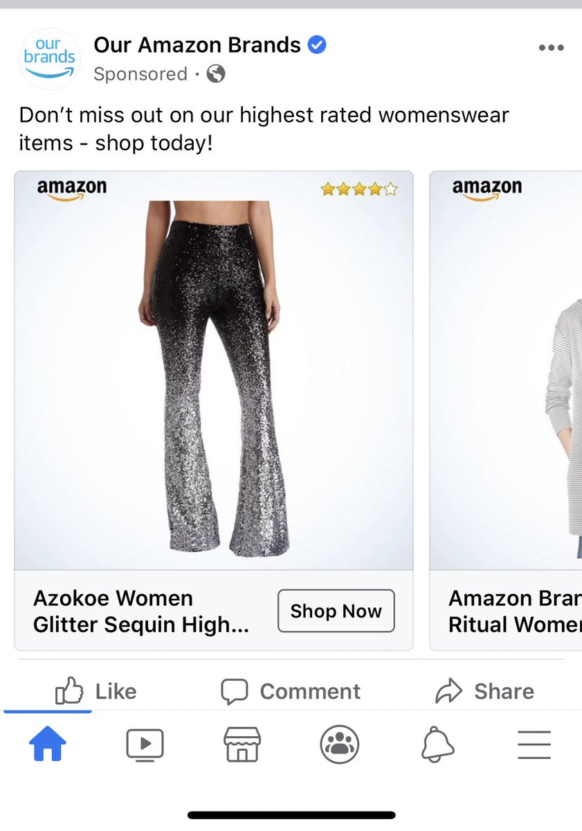 kateyfierce's tweet photo. I get that Amazon/Facebook ads are targeted to you, but I NEVER recall saying/searching/etc. anything about sequin bell bottom pants 😂😂 wut even are these https://t.co/LS22kDtyer