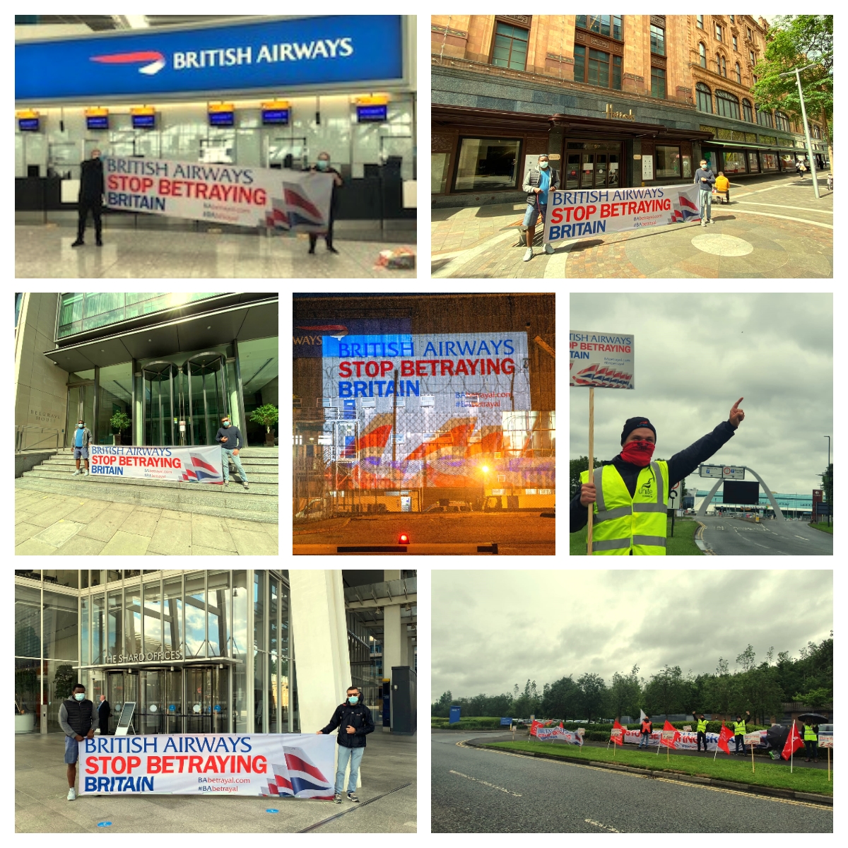 WorkerStrikeBck's tweet photo. AM visits to @TheShardLondon @Harrods @HeathrowAirport @AmexUK and made a bit of noise at @NCLairport international airport and a BA call centre.
@British_Airways must get around the negotiating table without its unprecedented fire and rehire threat.
#Handbacktheslots #BAbetreyal https://t.co/4v2iCmyyaL