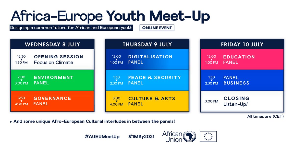 🤩#AUEUMeetUp is kicking off next week (8-10 July)
🗓️Mark your agenda
📍Follow it online
 
It’s going to be 3 days of pretty amazing #AU #EU brainstorming, led by some extraordinary #youth👇

#1mBy2021 #AUEUYouthHub