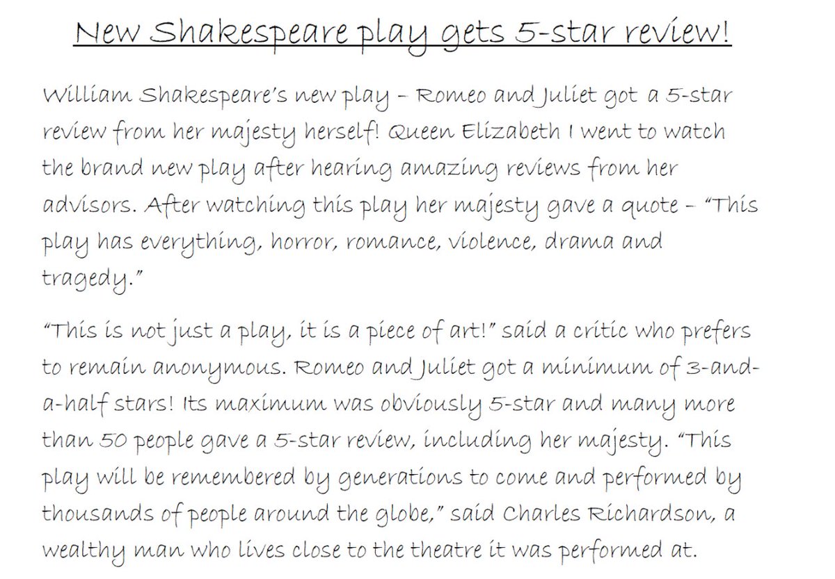 CrawshawEnglish's tweet photo. Y7 shoutouts this week for Daniel H, Zach D, Zach H-C, Sarah M, Charlie M,  Reuben J, Eve M, Jessica P and Luke H. Fantastic work on these news articles and illustrations as part of their Shakespeare project. https://t.co/SvfwiVv0Ud