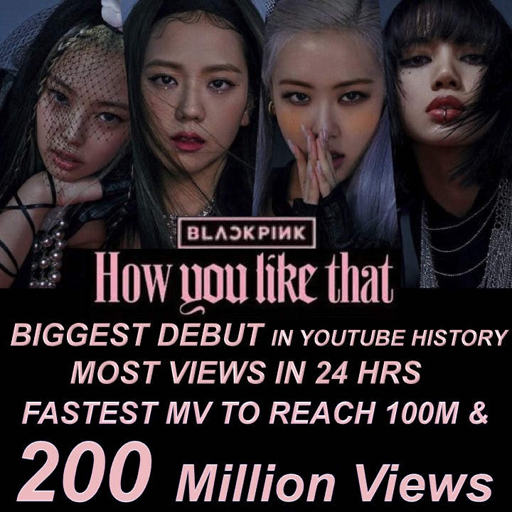 WORLDMUSICAWARD's tweet photo. #BLACKPINK’s #HowYouLikeThat MV Sets New Record For Fastest Video To Reach 200 Million Views In YouTube History!👊💃💃💃💃🥇🎥💥2️⃣0️⃣0️⃣Ⓜ️🌎🔥🌟👑💐🍾 @BLACKPINK @ygofficialblink 
#JENNIE #JISOO #LISA #ROSÉ #HowYouLikeThatMV #200MILLION #YOUTUBE #YG 
https://t.co/IYU6SqLhm1 https://t.co/UQZQ1FrA2v