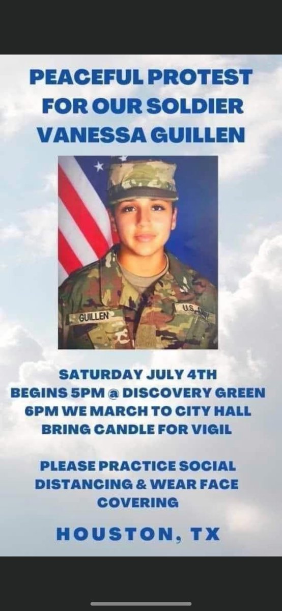 IsYouWoke's tweet photo. What - Protest in honor of #JusticeForVanessaGuillen 
When - 5 PM
Where - Discovery Green

Remember to wear your masks and to social distance!
#houstonprotests https://t.co/sj3FYpomyn