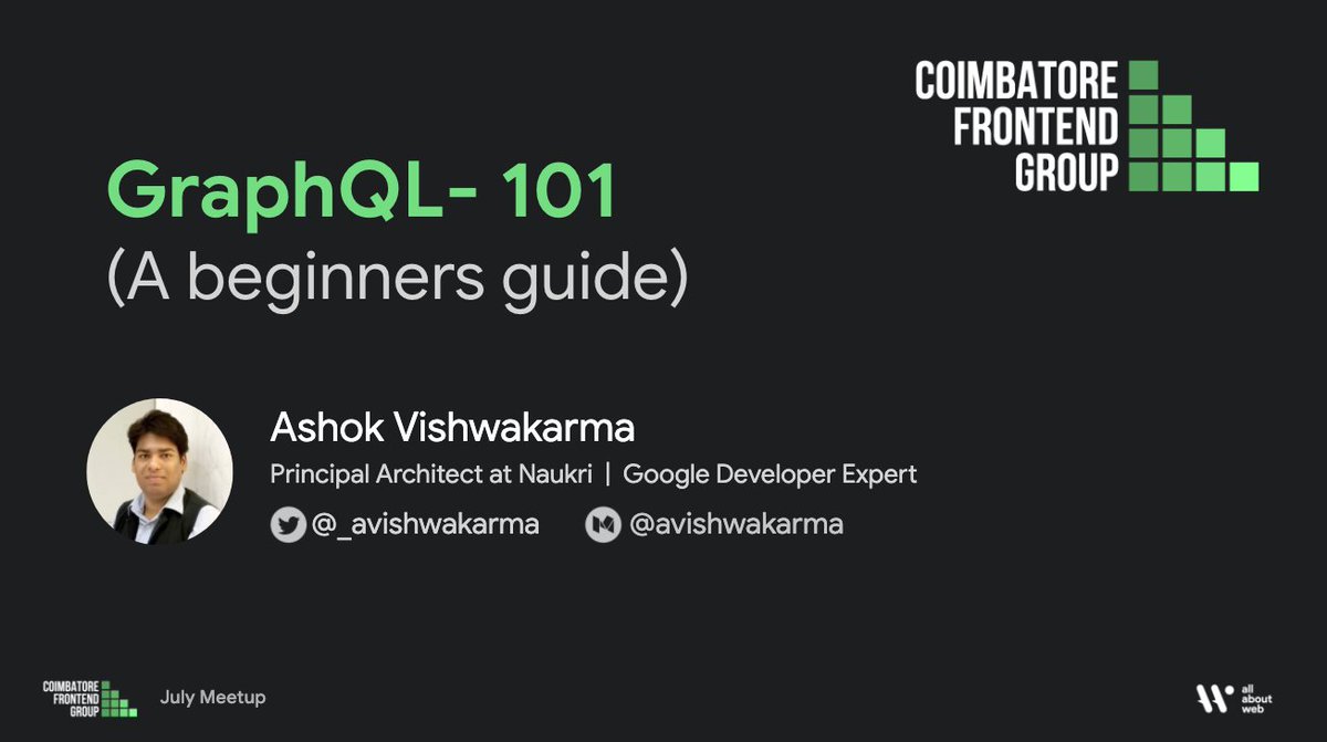 avishwakarmadev's tweet image. Want to learn GraphQL? Join me on 11 July, 10:15 IST
RSVP at meetup.com/Coimbatore-fro…
#CoimbatoreFrontEndGroup #GraphQL @reactjs @javapriyan #WomenWhoCode @ItsAllAboutWeb @apollographql @opengql