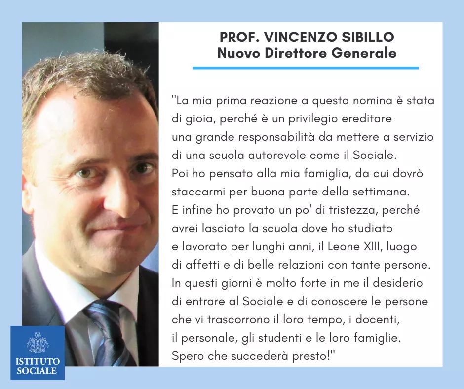 ISociale's tweet photo. Il Prof. Vincenzo Sibillo è il nuovo Direttore Generale dell'Istituto Sociale. Entrerà in carica a partire da settembre, subentrando alla prof.ssa Maria Cristina Bianco.
A lui un caloroso BENVENUTO al Sociale e i nostri migliori auguri di BUON LAVORO. #IstitutoSociale https://t.co/VGMZlLw7yz