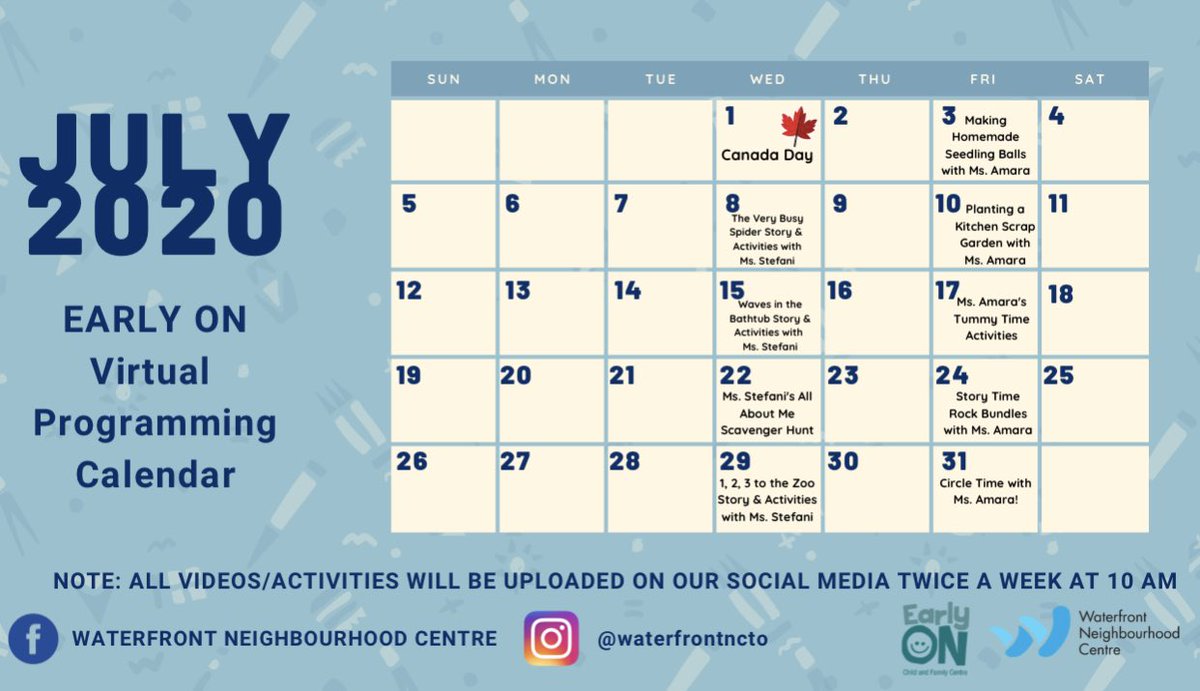 waterfrontncto's tweet image. The Waterfront Neighbourhood Centre would like to present our EarlyON Calendar for July 2020. Look out for weekly activity posts and important parent/caregiver resources on our social media page.
#earlyON #virtualprogramming #waterfrontTO #WaterfrontncTO #TorontoTogether