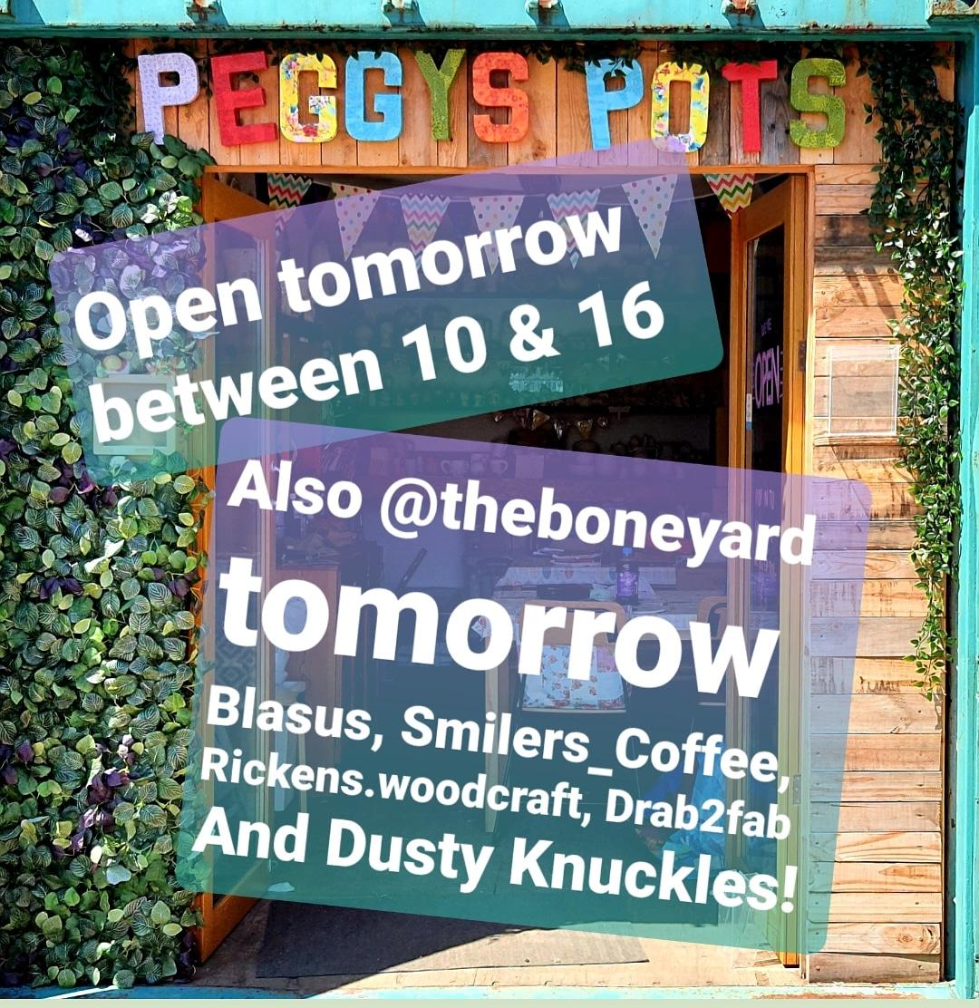 PeggysPots's tweet photo. Get your orders tonight to for collection tomorrow!

Also get your Pizza, Succulent, Woodcraft , Furniture fefurb &amp; coffee NEEDS fulfilled at The BoneYard. We're all here tomorrow for open air shopping.

#takeawaypotterykit #cardiffcraft 
#cardiff #potterypainting https://t.co/6VOT8dQJSC