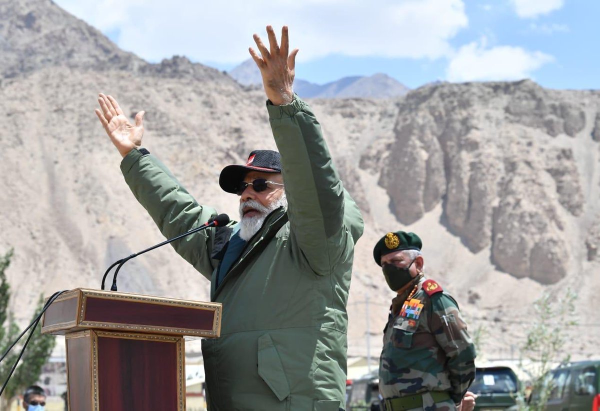 PawanKalyan's tweet photo. Leadership is all about inspiring the countrymen; Hon. PM Sri @narendramodi  ji paid tributes to the valor of our armed forces, interacted with them in Leh today. It shall boost the morale of our troops. The ‘JOSH’ has just skyrocketed  sir!!! https://t.co/InWIGFeRdA