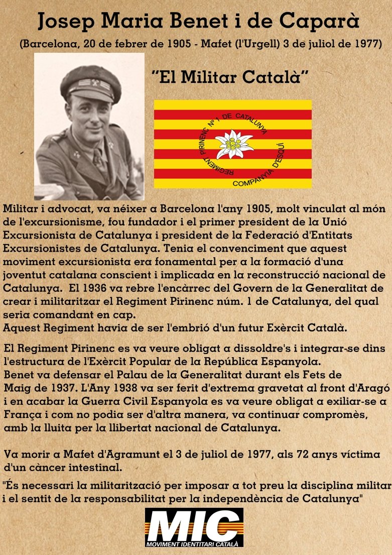 MICCatalunya's tweet photo. El 3 de juliol de 1977 mor Josep Maria Benet i de Caparà, militar català, comandant del Regiment Pirinenc Núm.1. 
"És necessari la militarització per imposar a tot preu la disciplina militar i el sentit de la responsabilitat per la independència de Catalunya" https://t.co/SI0bmhSOyC