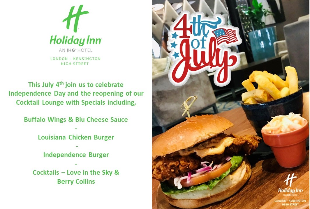 HILonKenHighSt's tweet photo. One day to go!

This 4th of July join us to celebrate US Independence Day and the reopening of our Cocktail Lounge with Cocktail specials including "Love in the Sky" &amp; "Berry Collins"!
#IHG #Holidayinn #4thofjuly #kensington #london https://t.co/FxJCmSpN3K