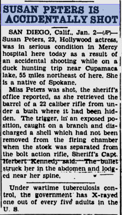 The accident occured when Peters was removing a .22 caliber rifle from a bush and a branch caught on the trigger sending a round off into her abdomen and spine. The doctors told her she would never walk again but she remained hopeful.