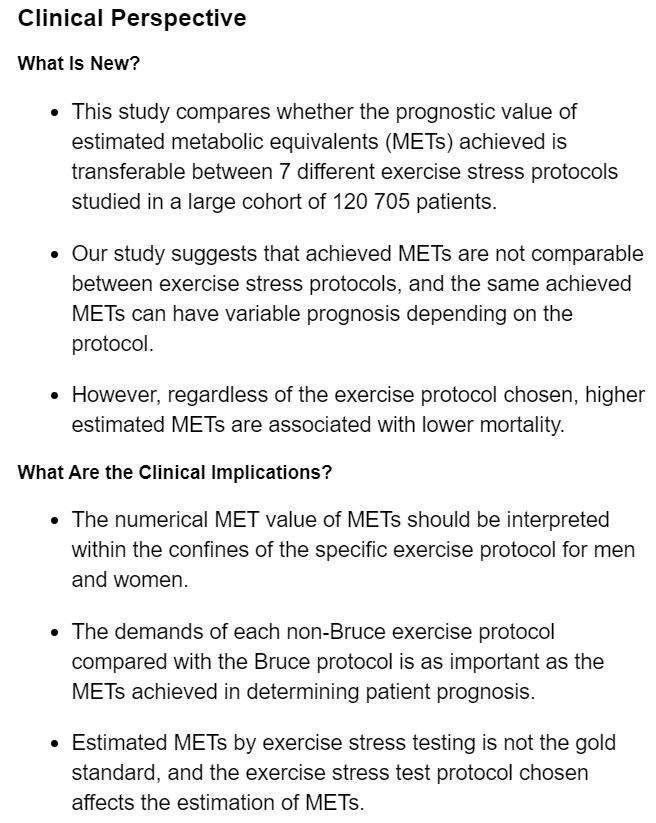 Higher estimated METs are reliably associated w/ lower mortality in all exercise protocols, though the prognostic value is not transferable across different tests @SergeHarbMD @Pavan_Bhat_MD @PaulCremerMD @DrMarthaGulati @ClevelandClinic @CleClinicMD ow.ly/3lA030qVFja