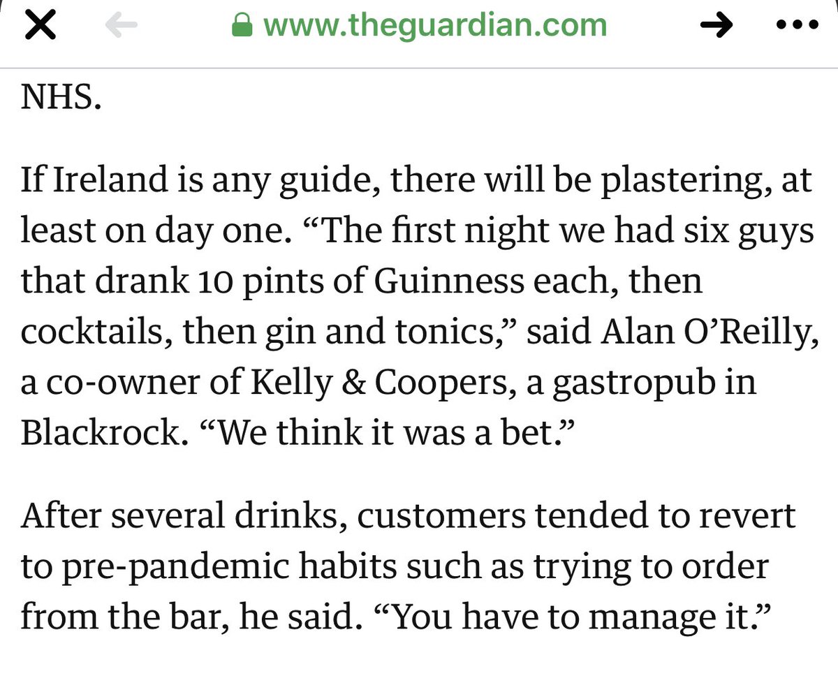Is it just me who wonders about this ability to drink a pint every 6 minutes for an hour as well as cocktails and Gin & Tonics and that 9 euro meal?  https://www.theguardian.com/world/2020/jul/03/irish-pubs-reopened-its-different-but-its-nice-to-be-back