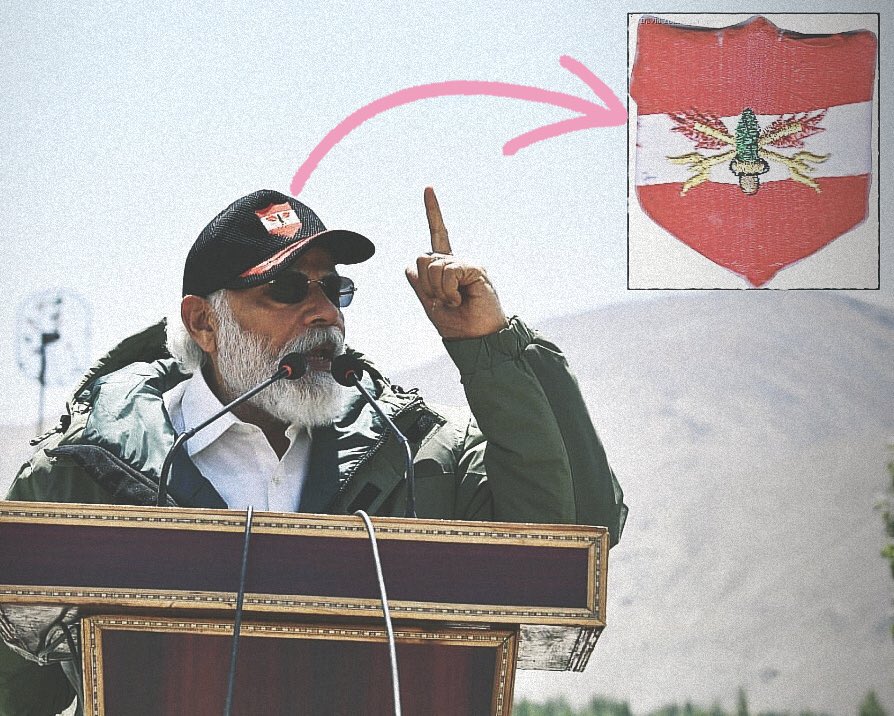 ShivAroor's tweet photo. For those asking, that’s the Fire &amp; Fury Corps insignia on PM @NarendraModi’s cap at Nimmoo, Ladakh today. https://t.co/rfJpyDleNE