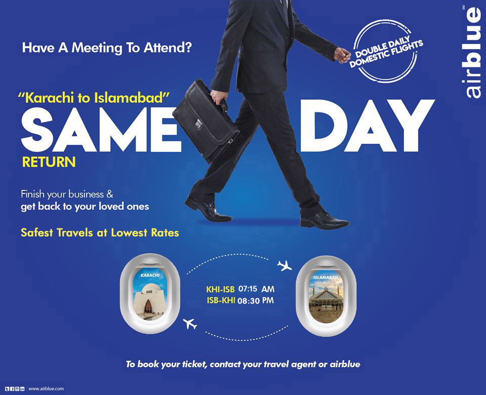 airblueairline's tweet photo. Finish your meetings & get back home Safely on same day, as we bring you the luxury of #SameDayReturn between #Karachi & #Islamabad at Lowest Fares. 💙
For booking, contact your travel agent or #airblue.
#bestbusinesstravel #savehotelcost #flightsredefined #TwiceADayEveryday https://t.co/qTvjVvCjIe
