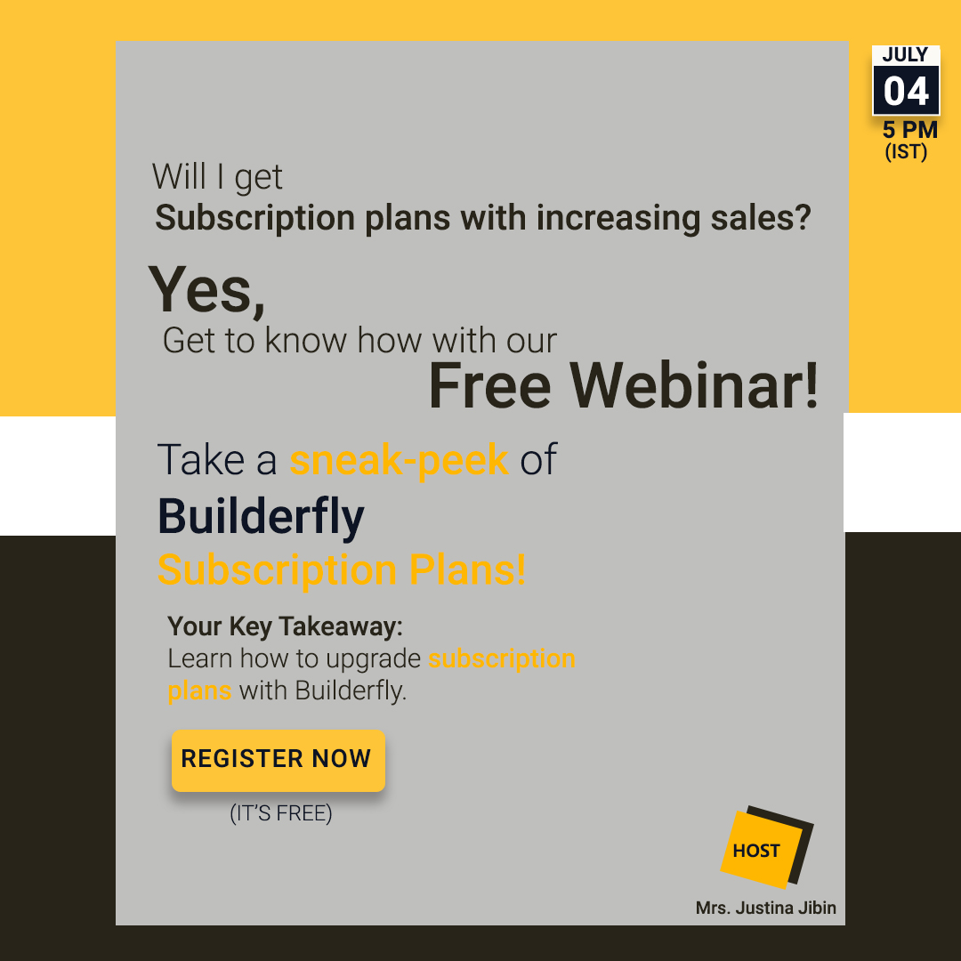 Builderfly's tweet photo. Builderfly offers different #subscription #plans based on increasing #sales. Know everything about how and when to #upgrade your #pricingplans in the seventh #live #webinar, tomorrow!

https://t.co/tfCMU29JpY

#registerfreewebinar #builderflyecommerce #seventhwebinar @BuilderFly https://t.co/soFX4j9HQB