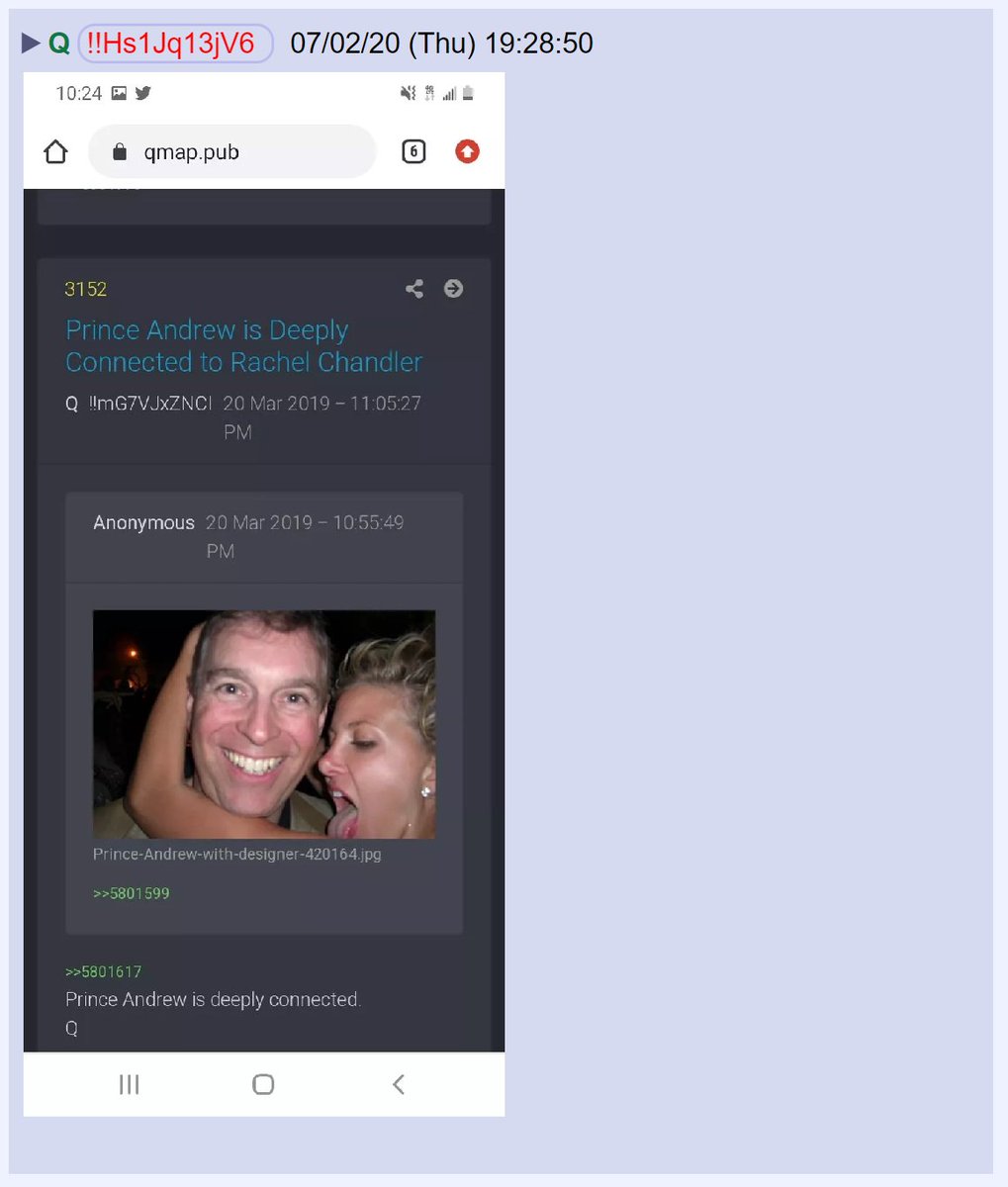 13) In March of 2019, when Q began dropping Epstein related pics, an anon posted a photo of Prince Andrew.Q confirmed he was deeply connected.
