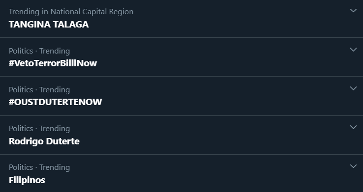 you know shit happens when these are trending. 
Tangina talaga, ang lala ng mga nangyayari.

#VetoTerrorBillNow
#JunkTerrorLawNow
#OUSTDUTERTENOW