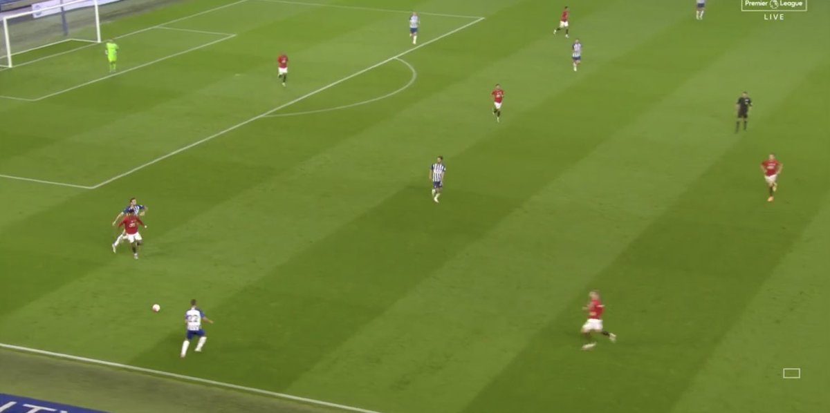 United press high up the pitch to force errors such as inaccurate long balls. The narrowness of the front 3 & speed of which United’s FBs get up mean Brighton’s midfielders are simply unable to compose themselves, losing the ball often.