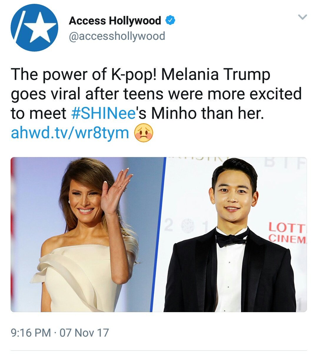 Minho was personally invited by US embassy along with melania for "Girls Play 2" event to promote sports among female students..bcz of his healthy and popular image among female students..(And him outshining melania made headlines lol)Link:  http://naver.me/FnTwkvA3 