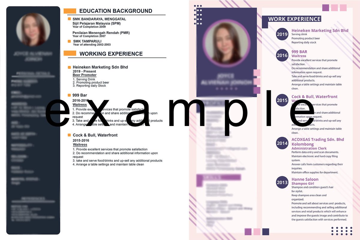 TheRaimi's tweet photo. Hi guys, kitorg ada buat service create resume khas untuk korang yang baru nak cari kerja ataupun yang tiada masa nak update resume korang. Korang tengok lah dulu contoh resume kat bawah ni. Cantik kan? Kalau berminat korang boleh terus contact or DM aku okay? https://t.co/sESJQRfN1I