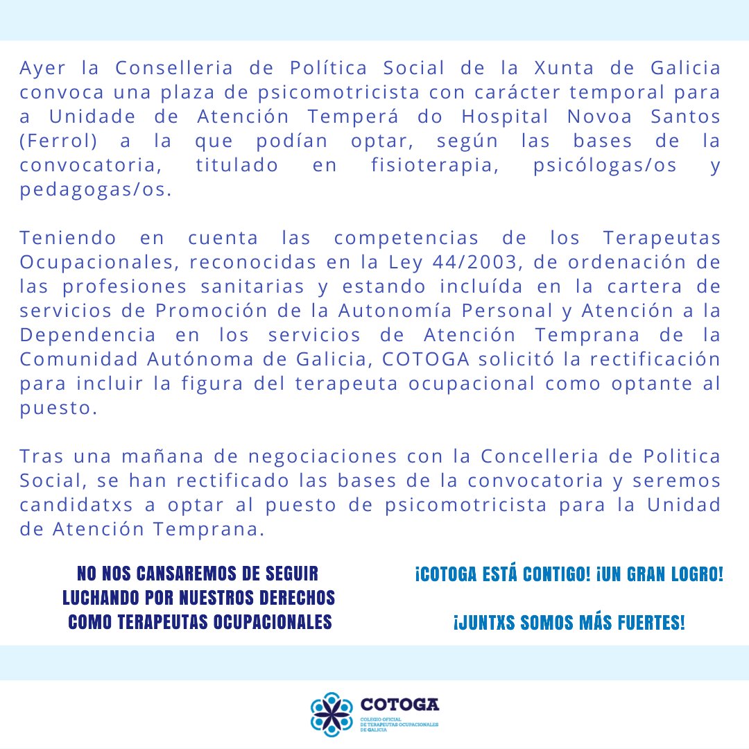 CotogaG's tweet photo. ⚠️IMPORTANTE⚠️ Rectificación de las bases de la convocatoria incluyendo la figura del #terapeutaocupacional como candidata/o para el puesto de psicomotricista en Atención Primaria. ¡LOS TERAPEUTAS OCUPACIONALES NO SOMOS INVISIBLES! @Xunta https://t.co/894P5ph0Hh