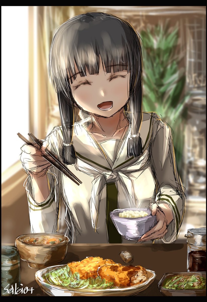 kitakami (kancolle) 1girl solo chopsticks black hair closed eyes bowl food  illustration images