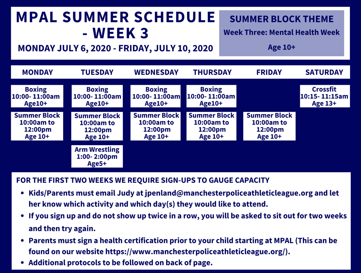 MPAL409BEECHST's tweet photo. MPAL's Week Three schedule has been released! Follow the link in our bio for more information!
#MPAL #SummerBlock #Week3 #ManchesterNH https://t.co/L7bNl1tthu