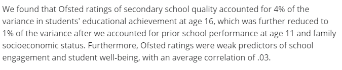 DTWillingham's tweet photo. Ofsted ratings are weak predictors of GCSE grades (N = 4,391) ($) https://t.co/WgSfxmBchQ https://t.co/OBrUhRRPRC