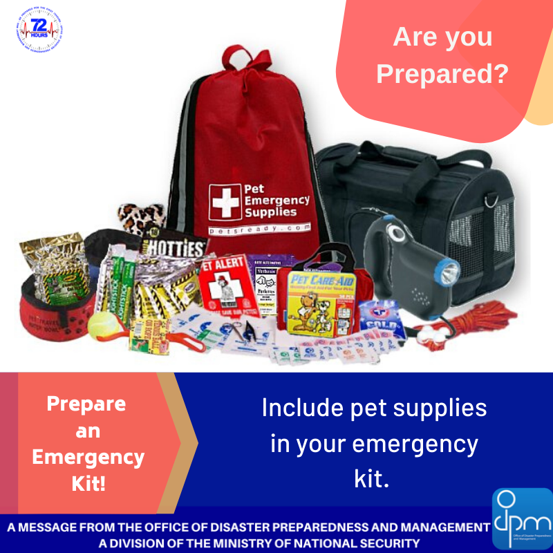 ODPM_TT's tweet photo. Furry, feathered or scaly pets are part of the family too. Be sure to pack the essential supplies for your pets which includes food, water and their identification badge or collar. #Emergencykitchallenge #Petsupplies #BereadyTT  #ODPMTT https://t.co/mFFJfgBsJN
