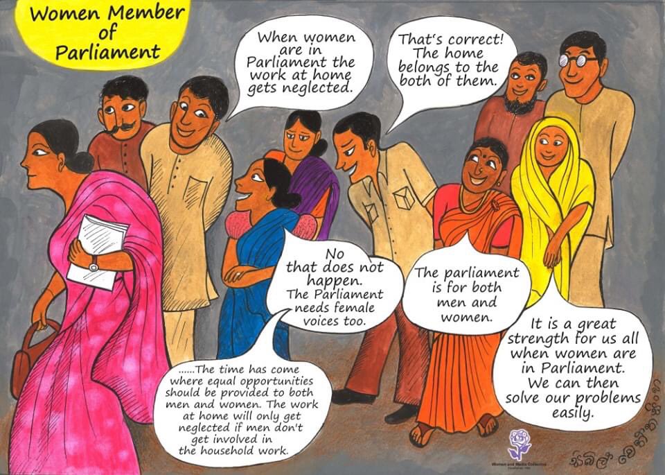 DonNLEAP's tweet photo. We are saddened to hear about the demise of veteran artist Sybil Wettasinghe. 
Her artistic creations also voiced important social issues such as gender equality. These illustrations she did for @womenandmedia are remarkable. https://t.co/uv5hcJ3za2