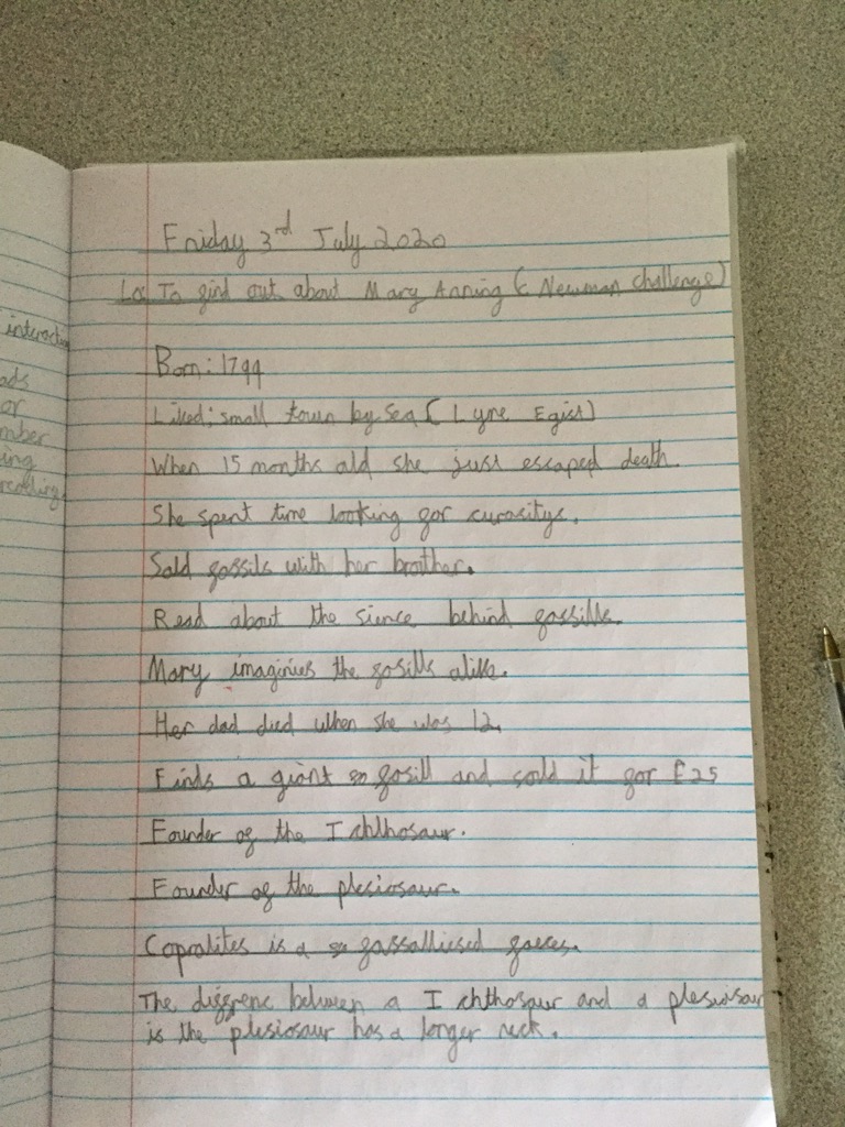 Year6HolyFamily's tweet photo. Aiden was interested to learn about Mary Anning’s life, what she discovered and compare these fascinating creatures. https://t.co/jFeeXQ4csw