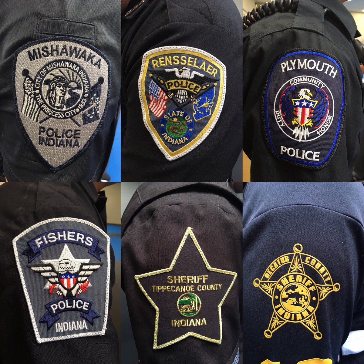 IndianaLawEnfo1's tweet photo. The shoulders of just a few of the departments completing their training today from Basic Class 220!  #ILEABasicClass220 #IndianaPolice https://t.co/uVz8SHfDkV