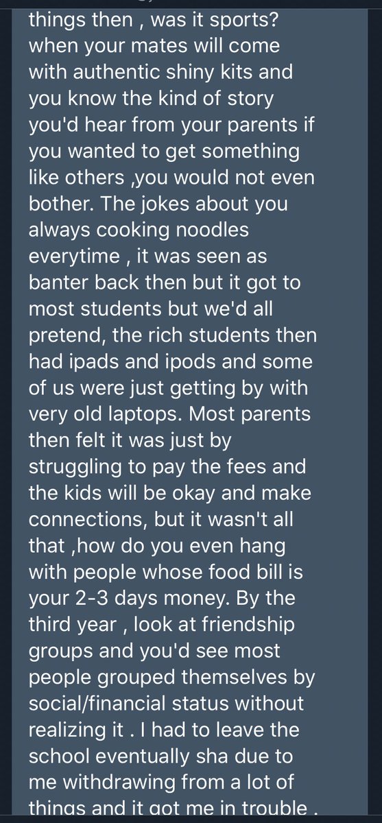 Whole new experience to leave a school you had been treated better to a bigger one due to income gap. Other theories here 1. People eventually group themselves by social class.2. Some of the things we regarded as banter back then got to kids. Parents usually disregard