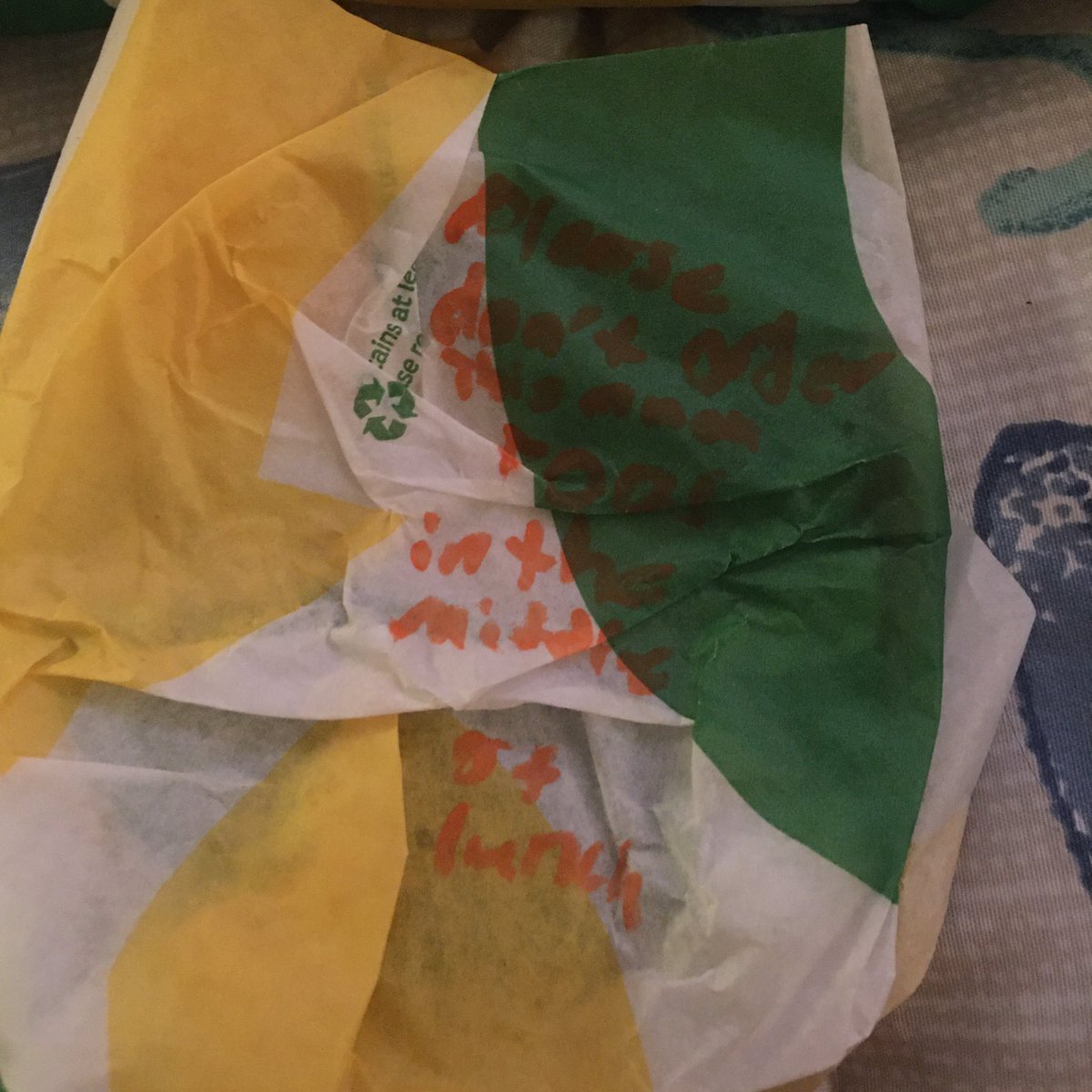 Marcus_Crabtree's tweet photo. @SUBWAY Love Subway. But I have to say I’ve never experienced this. Note to self...don’t order food during lunch unless you want a smashed cookie and a note left in your bag https://t.co/FzvoWHp047