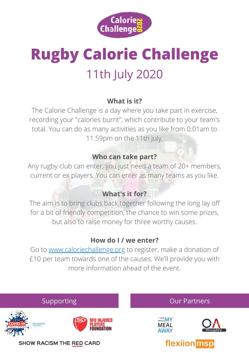 THANK YOU to @Old_AlbanianRFC who are bringing rugby clubs together for some fun with their #caloriechallenge in support of the RFU Injured Players Foundation. It's not too late to join if you need to combat the #lockdownweightgain. Good Luck to everyone taking part! #rugbyfamily