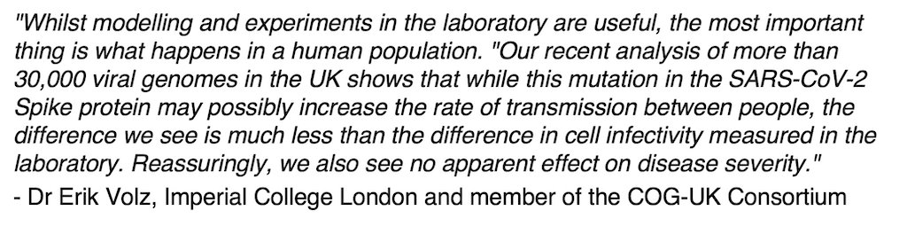 We've posted COG report #9 today which contains detailed modelling of the effect of the D614G spike mutation in the UK population. We see no evidence of an effect on disease severity, and potentially a small effect on transmissibility. Read more cogconsortium.uk/wp-content/upl… @erikmvolz