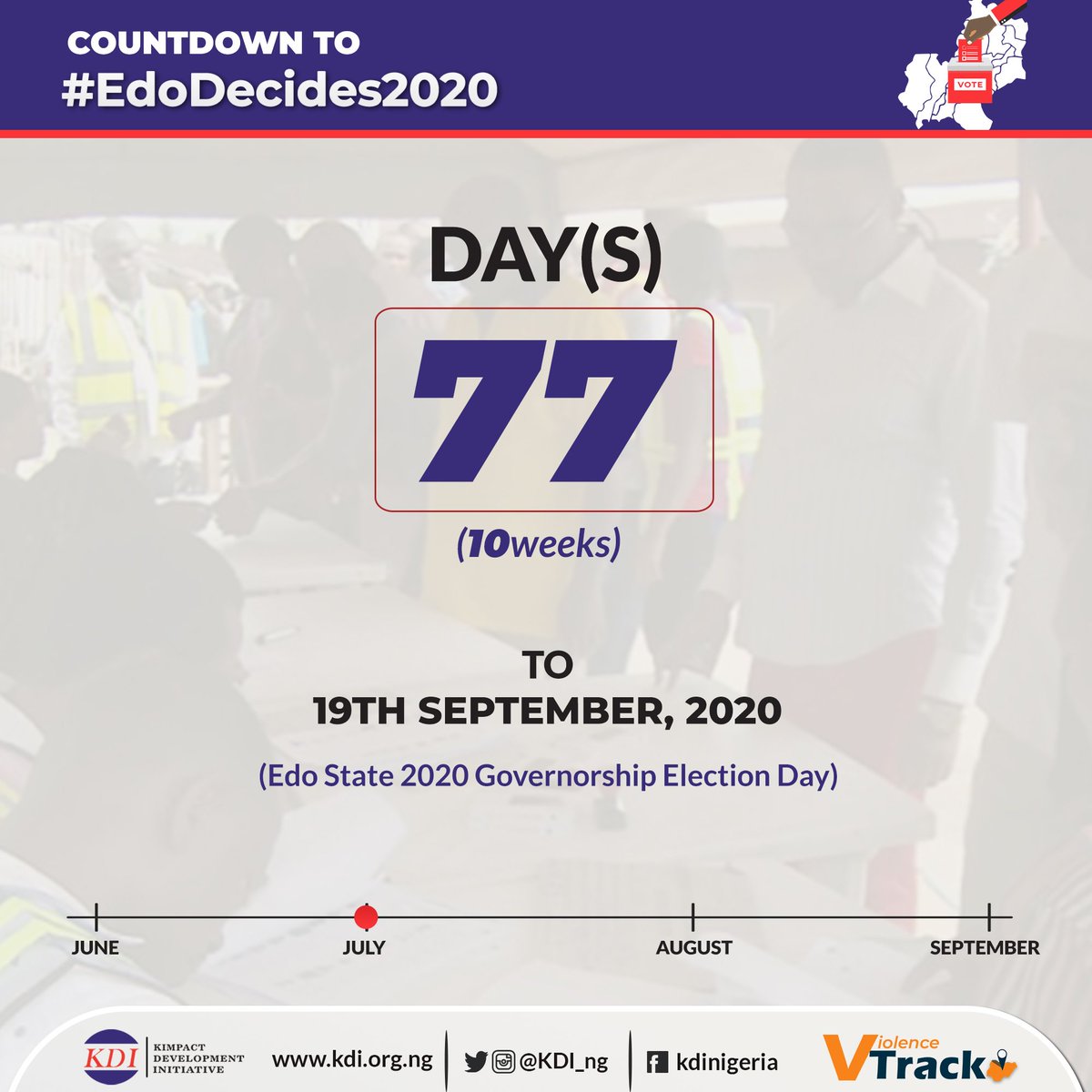 Kimpact_Global's tweet photo. Elections are about the future of the people and its purpose is to hear their will.
Just, 77 days to #EdoDecides2020.
#KnowTheFigures
#EdoVTrack2020 https://t.co/giZOf7qzwY