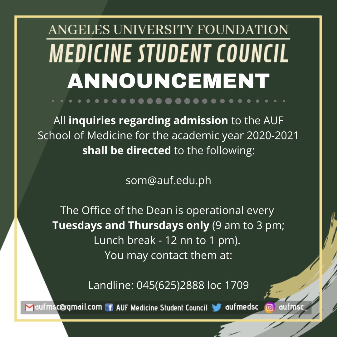 aufmedsc's tweet photo. ❗️ANNOUNCEMENT❗️

Please be advised that the Office of the Dean is open for inquiries thru phone. Physical visit to the office for submission of requirements or inquiries is still NOT allowed. 

Thank you and GOD Bless, future Angeleneans. https://t.co/EDRgTvydyU
