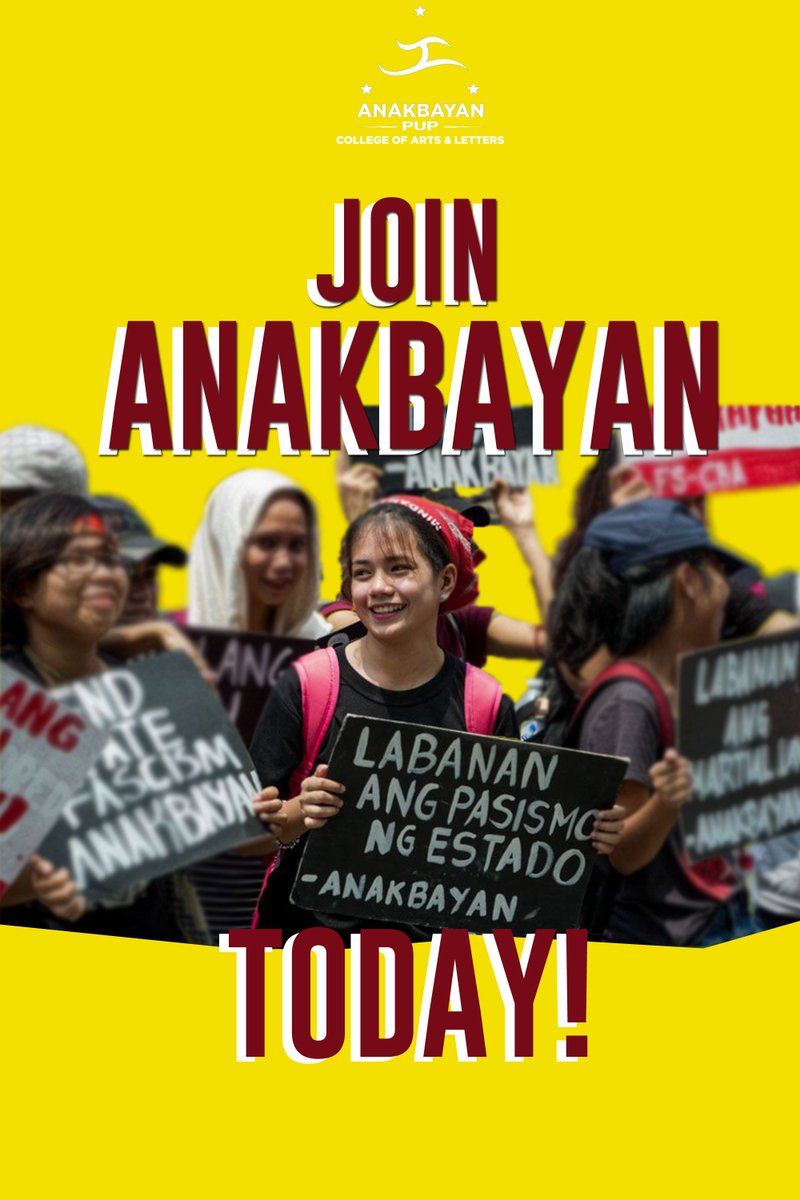 AnakbayanPUPCAL's tweet photo. "Tanging sa militanteng pakikibaka lamang lilitaw ang pinakamahusay sa kabataan." — Prof. Jose Maria Sison

Sabay-sabay nating pag-aralan ang lipunan, at paglingkuran ang sambayanan!

Kilalanin at sumali sa pinaka-komprehensibong pang-masang organisasyon na ANAKBAYAN! https://t.co/taKl3hMouS