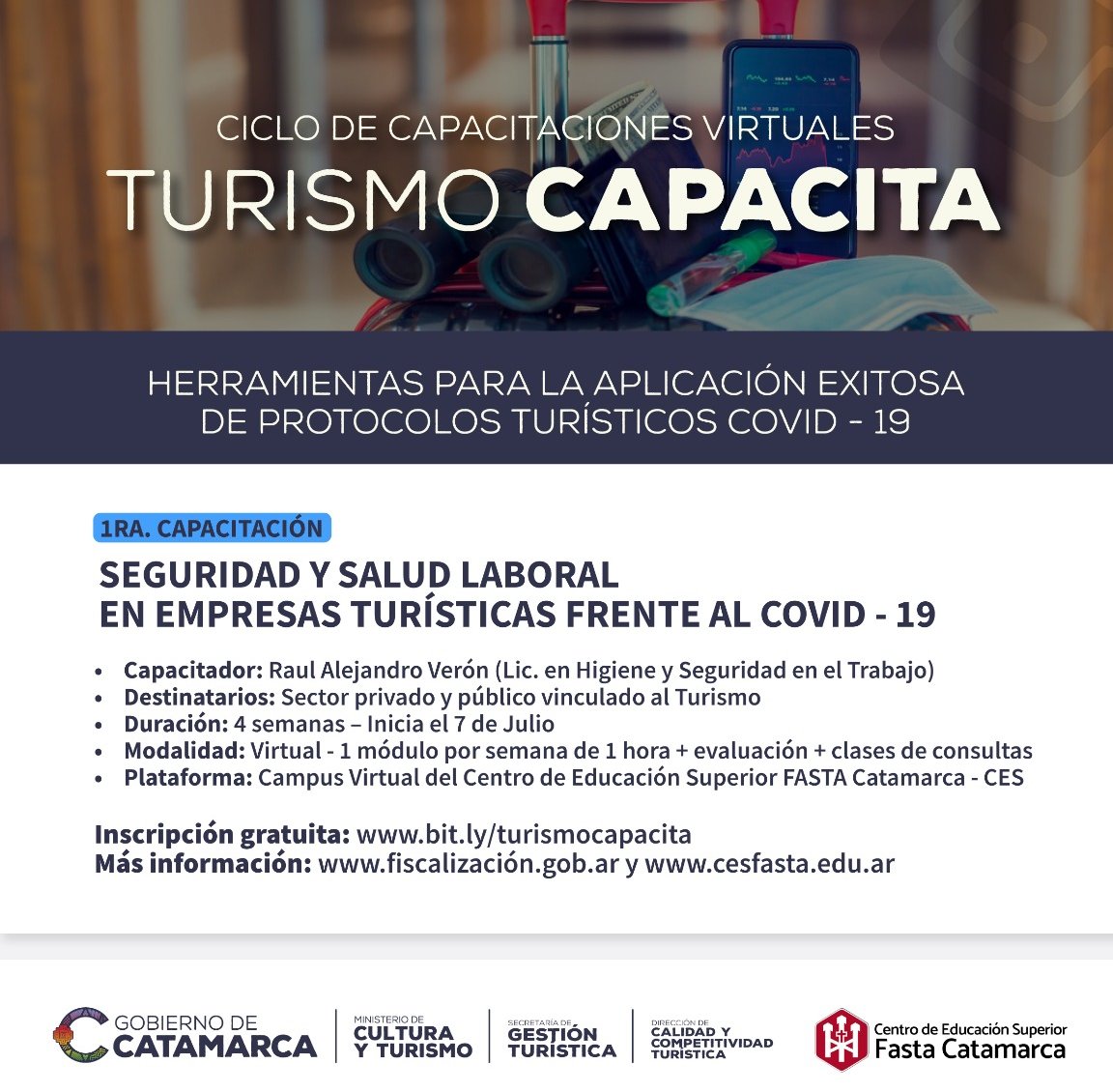 CAlidadTurCATA's tweet photo. Ciclo de Capacitaciones Virtuales #TurismoCapacita 
1° Capacitación: 07/07 "Higiene y Seguridad en Empresas Turísticas frente al COVID-19"
Inscripciones aquí 👇
➡️ https://t.co/mFpn0AHr6X
Más info!
➡️https://t.co/xx8aCMjKYm
➡️https://t.co/Hh0IMW90AO 
➡️https://t.co/YoP8xCZ5El https://t.co/QVI9oRqBsX