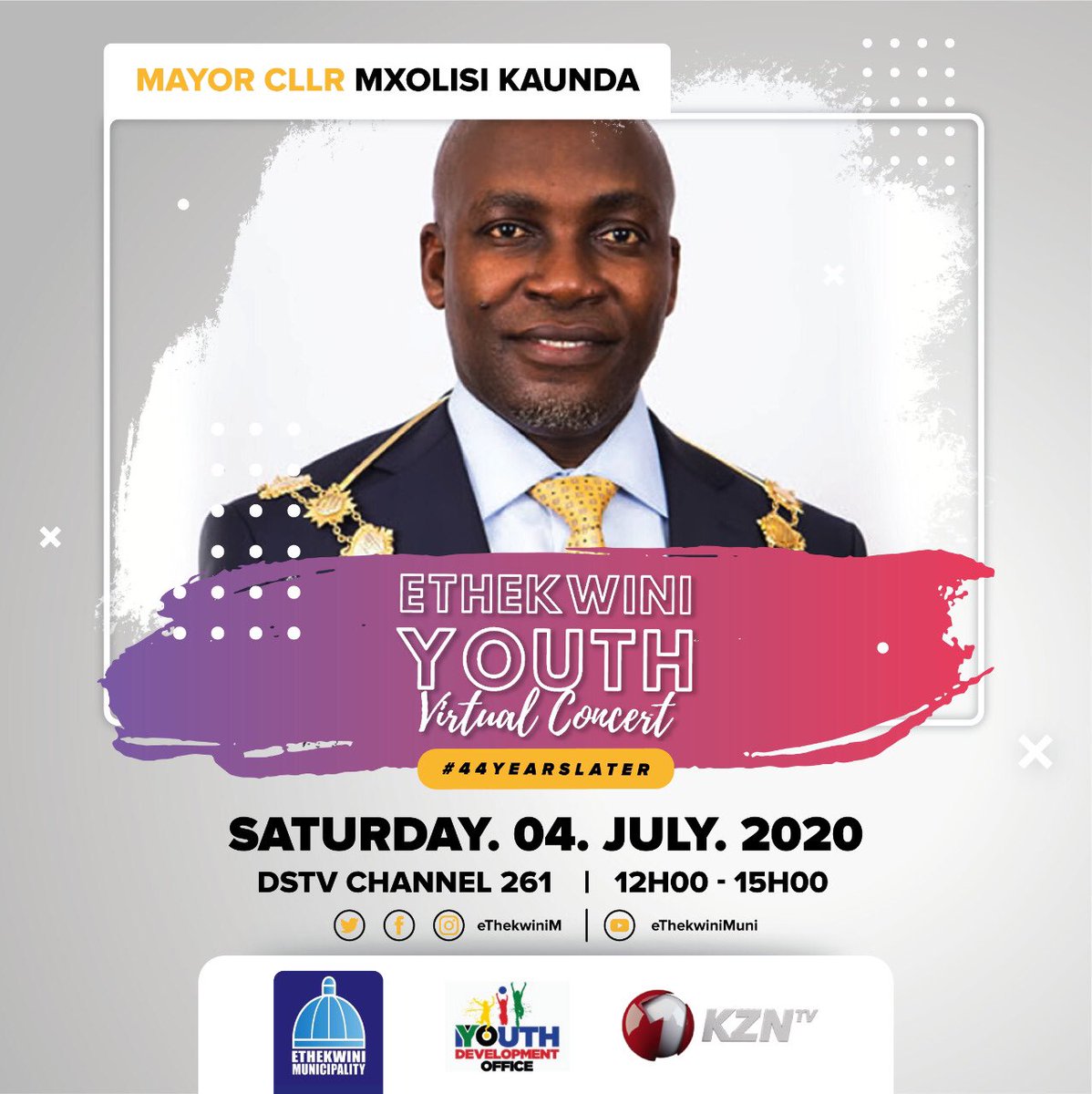 eThekwiniM's tweet photo. Catch us on @official1kzntv tomorrow for a fun filled midday 3hr Special with #EthekwiniYouthVirtual Concert ft #QTwins, #NaimaKay, #Beast, #DlalaThukzin, #sithelo TheDJ, #HollyRey brought to you by eThekwini Municipality. 
 
#44yearslater #StayAtHome https://t.co/zqh01d8P2r