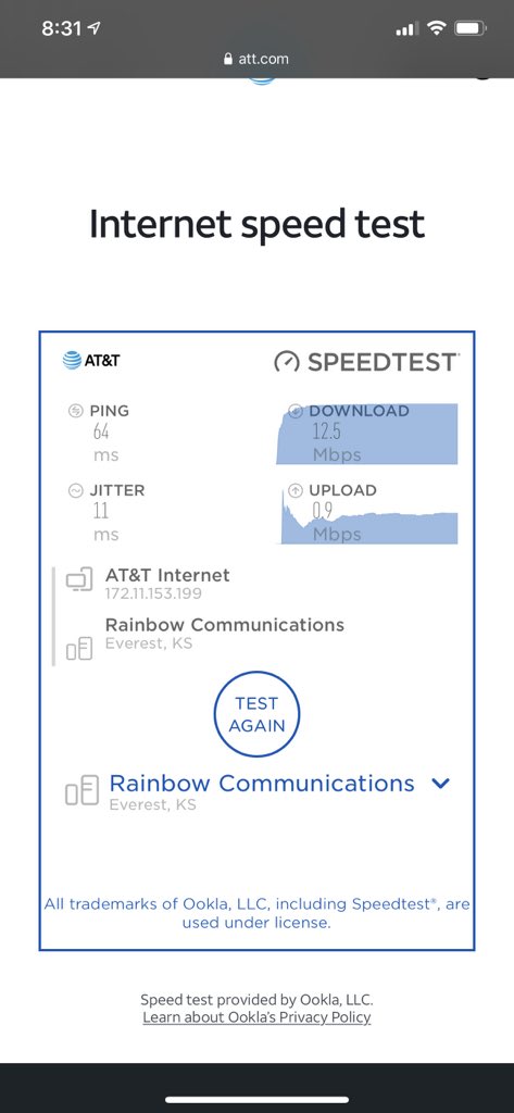 olberdingdm's tweet photo. @caseyfosterTV AT&amp;T internet speed in Seneca, I wasn’t sure If I was even going to be able to load the speed test! https://t.co/sFEaIYkeb5