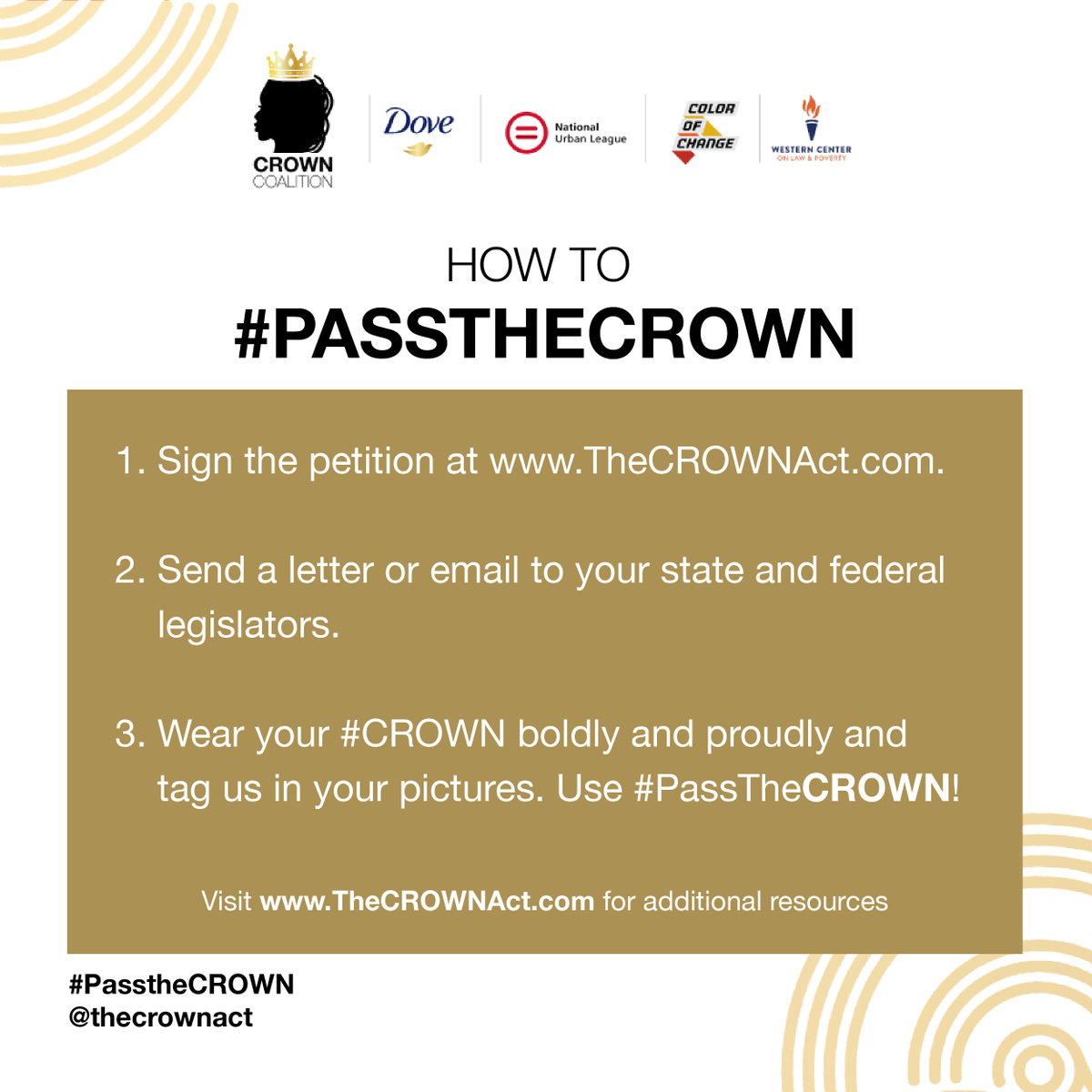 July 3 is National CROWN Day! Join Dove &amp; The CROWN Coalition for the anniversary celebration of the first #thecrownact becoming law to end #hairdiscrimination! Visit thecrownact.com to celebrate, sign the petition, &amp; help us #PassTheCROWN for the next generation!
