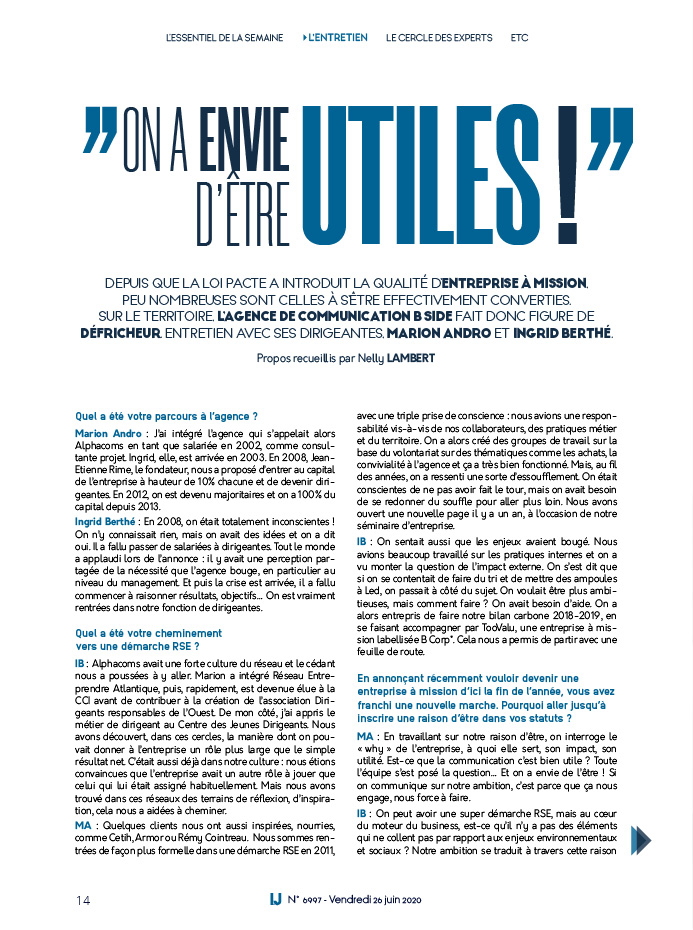 infojud44's tweet photo. Vous vous intéressez à la #RSE ? Avez-vous lu notre itw de @MarionAndro et @Ingrid_BERTHE de l'@AgenceBside ? Les co-dirigeantes ont entrepris de devenir entreprise à mission d'ici la fin de l'année et nous expliquent comment et pourquoi https://t.co/0mjRWSkbUb
