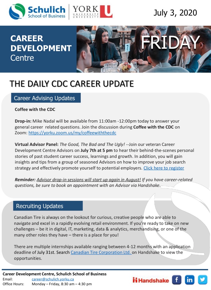 SchulichCdc's tweet photo. The Daily CDC Career Update: Links in today’s letter - 

Drop-in Zoom: https://t.co/lqfBou8SMQ

Advising update: https://t.co/FJLT3Tar5q

Recruiting update: https://t.co/TB3ZRsbP7z https://t.co/AOIkHduvGi