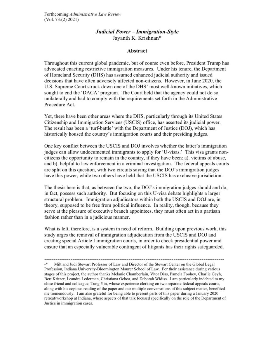 Faculty news: a new article by Prof. Krishnan “Judicial Power—Immigration-Style” has been posted on <a href="/ssrn/">SSRN</a>. It’s forthcoming in the Administrative Law Review (Vol. 73(2)). Worth downloading. bit.ly/3irilTY