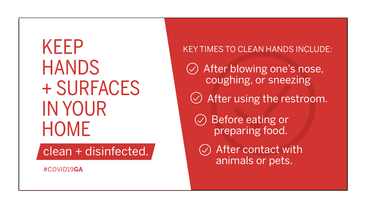 GaDPH's tweet photo. This holiday weekend, all of the basics still apply! To protect yourself and others and help #slowthespread of COVID-19, be sure you're washing your hands, not touching your eyes, nose and mouth with unwashed hands and keeping commonly used surfaces in your home disinfected. https://t.co/KjXqK7aLg7
