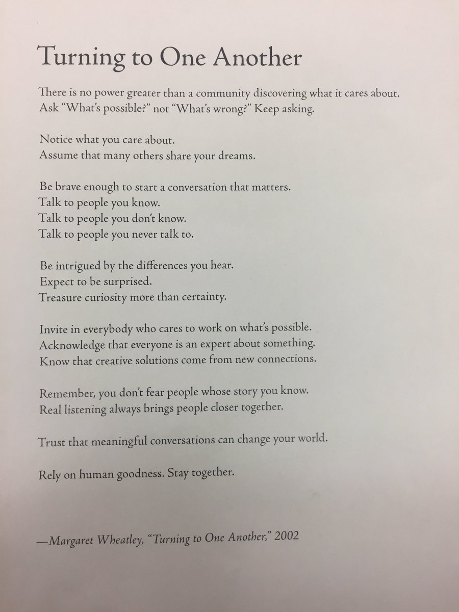 RaeSnape's tweet photo. Thanks for pointing me in the direction of #margaretwheatley @ross0hall
CC @MoreMorrow @stevereach2 @ELC_Voices
#UnitingVoices #StartAConversationThatMatters
#NetworkingTheNetworks https://t.co/sOURninmMk