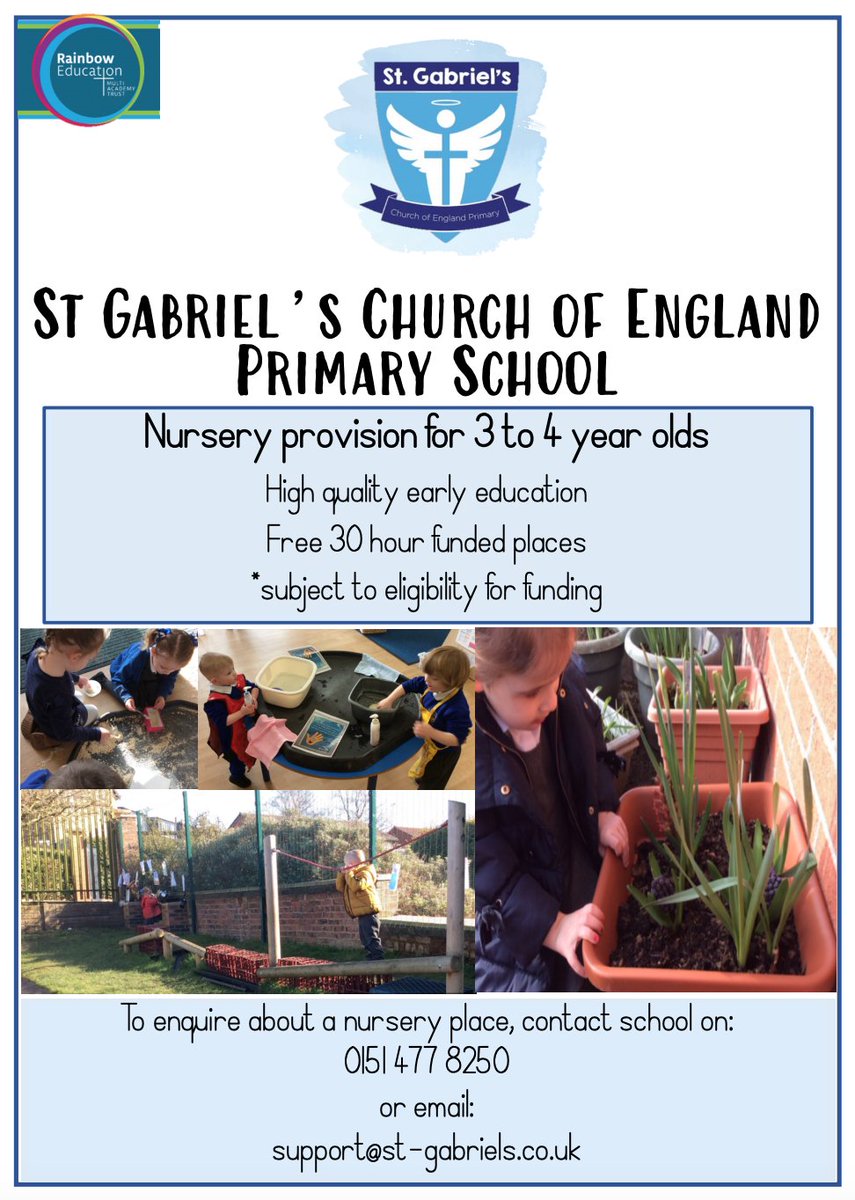 StGabrielsCofE's tweet photo. Are you looking for a full time Nursery place for September? We are now taking enquiries for Nursery places. For more information, please contact support@st-gabriels.co.uk or telephone school on 0151 477 8250 @RainbowEduMAT https://t.co/YqHddyIddt